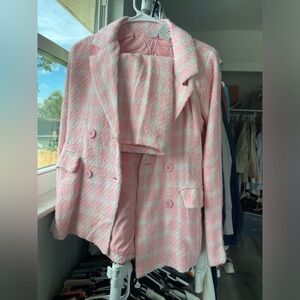Pink and White Plaid Blazer and Skirt Set